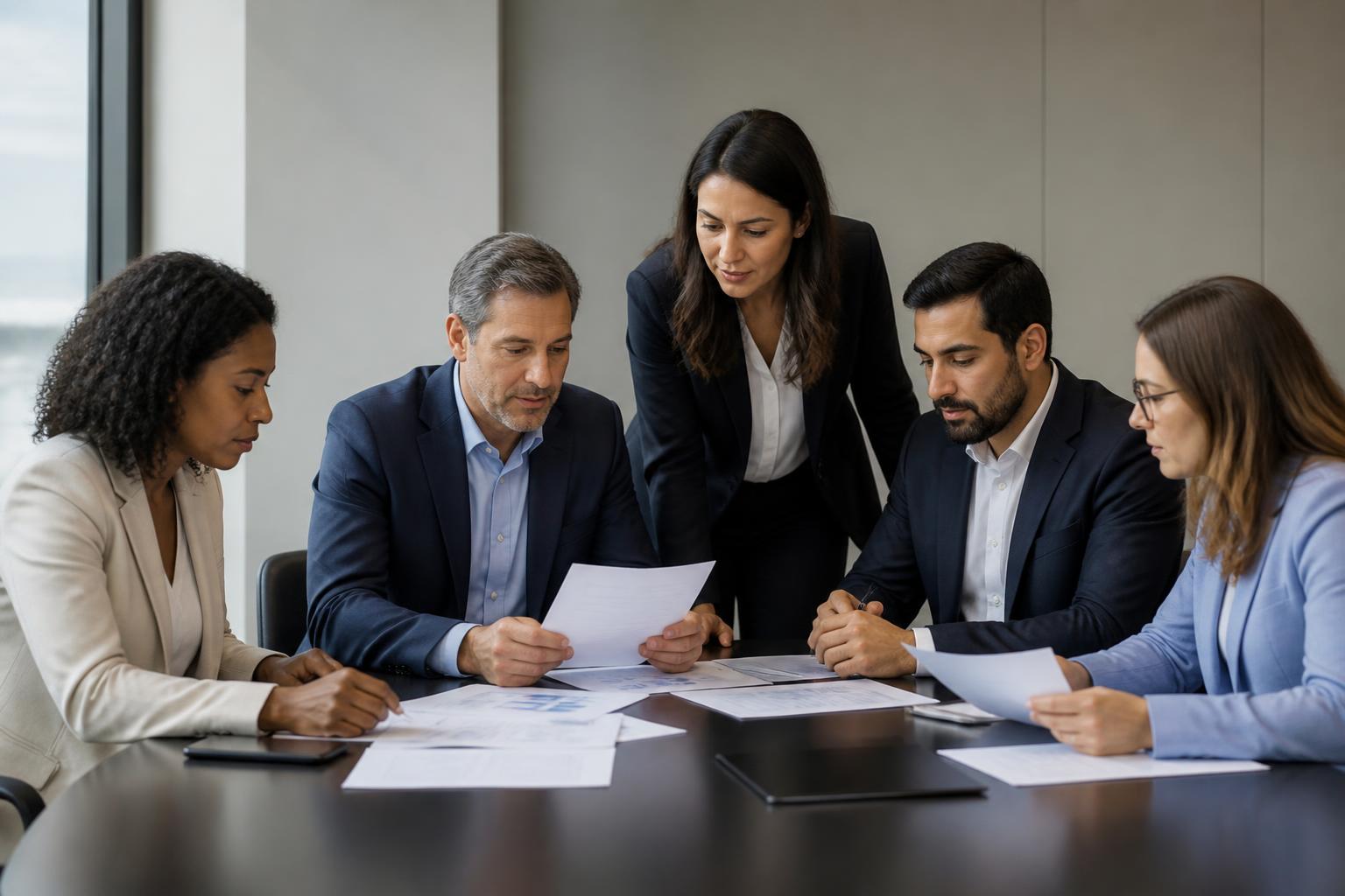 Equipe de servidores públicos analisando documentos em reunião
